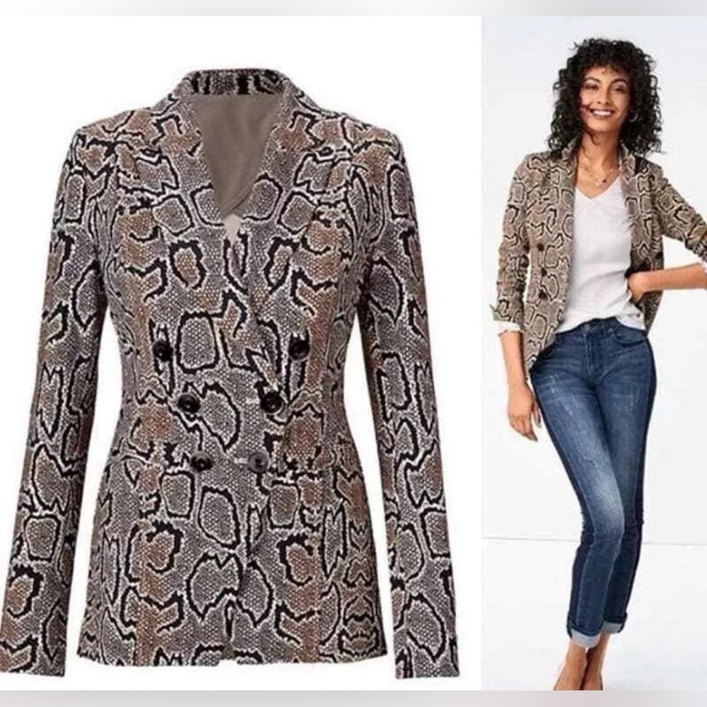 CABI 3733 Python Snakeskin Brown Ponte Knit Double Breasted Blazer Jacket Size 6